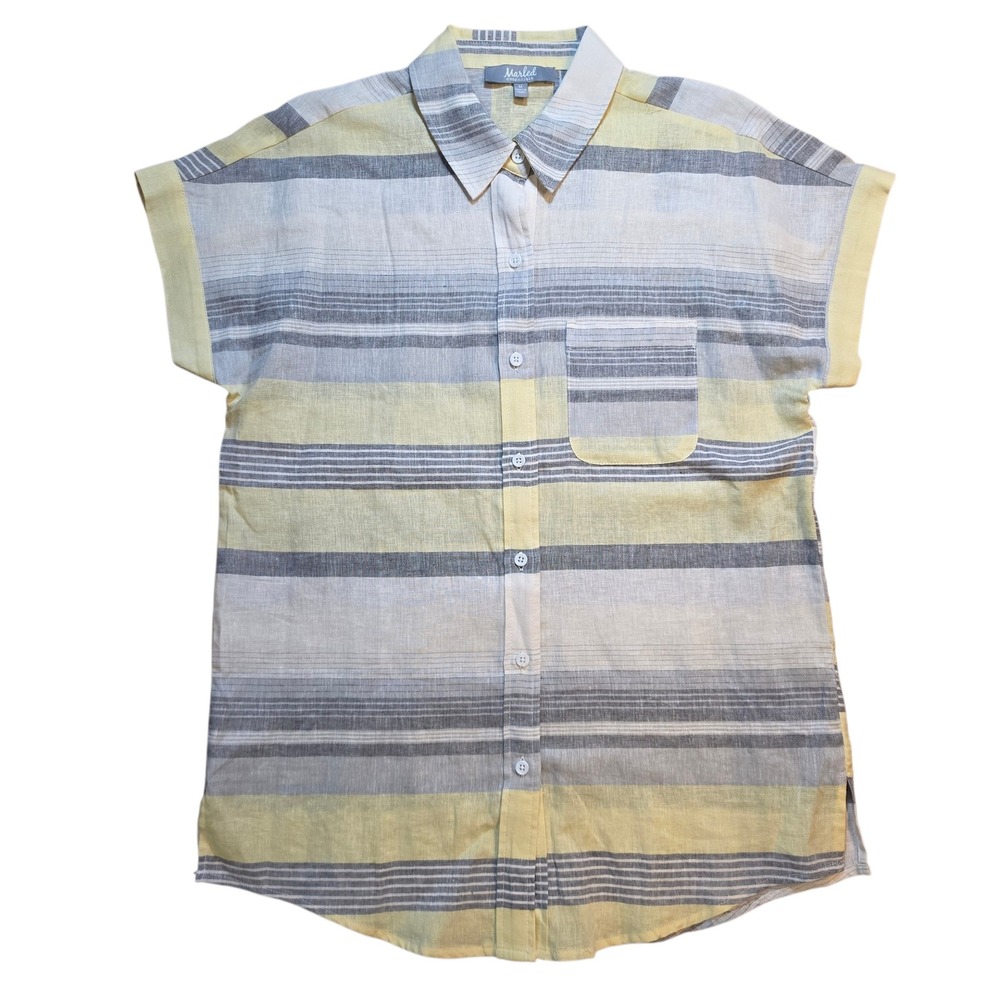 Marled Yellow Gray Medium Linen Blend Striped Short Sleeve Button Down Shirt